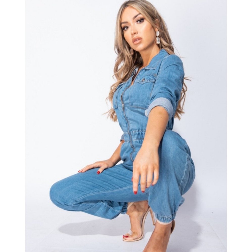 Long Sleeve Loose Denim Utility Boiler Jumpsuit - Picture 4 of 8